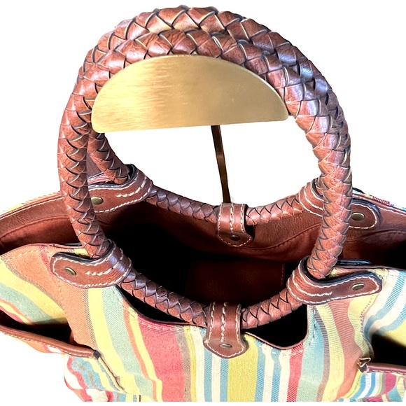 FOSSIL Classic 1954 Braided Leather Circle Handle Satchel Bag Fabric Body Y2K - Picture 3 of 10